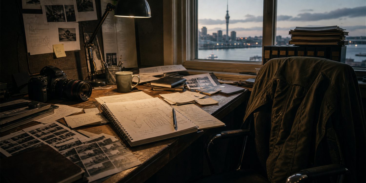 A cluttered desk of storyboards and notes overlooking Auckland at dusk