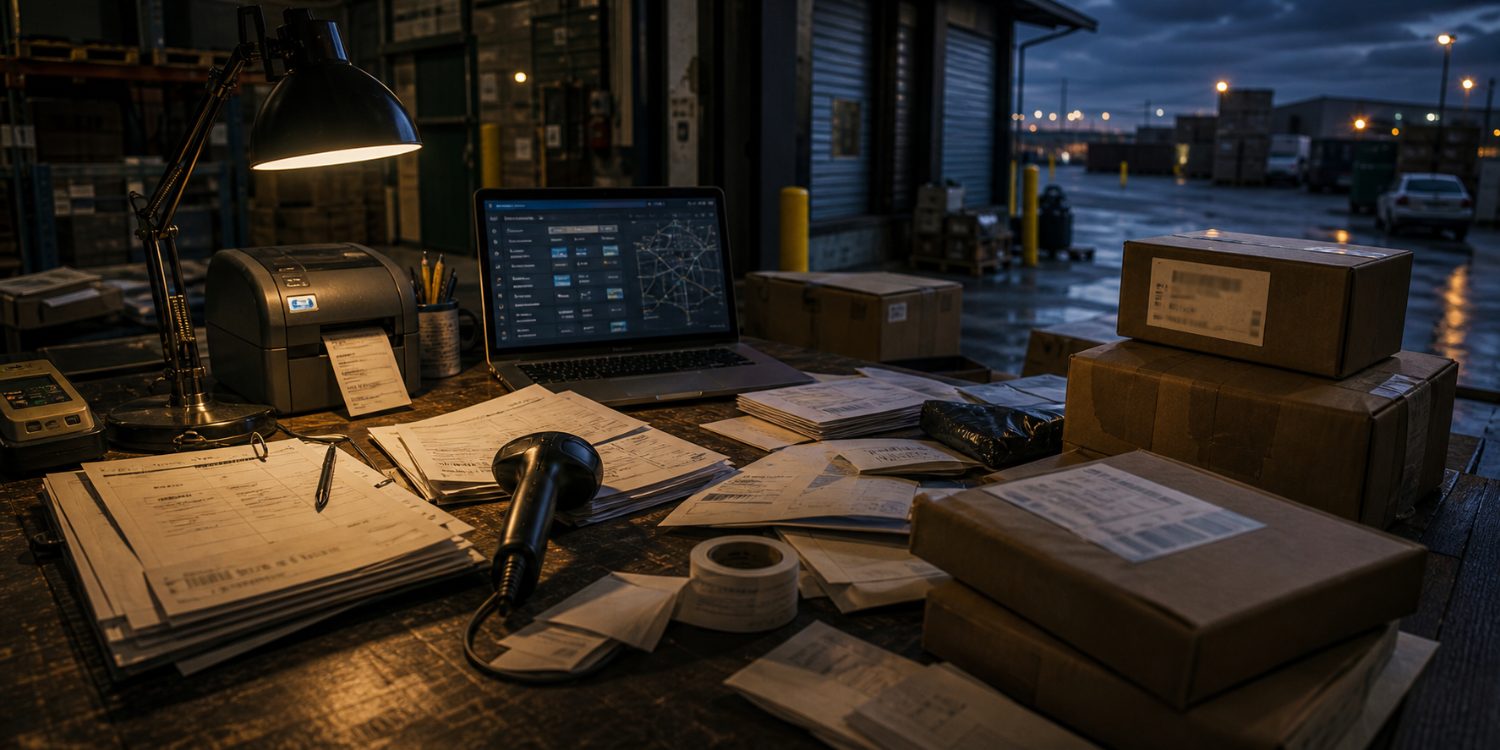 A logistics desk at a warehouse loading dock at dusk