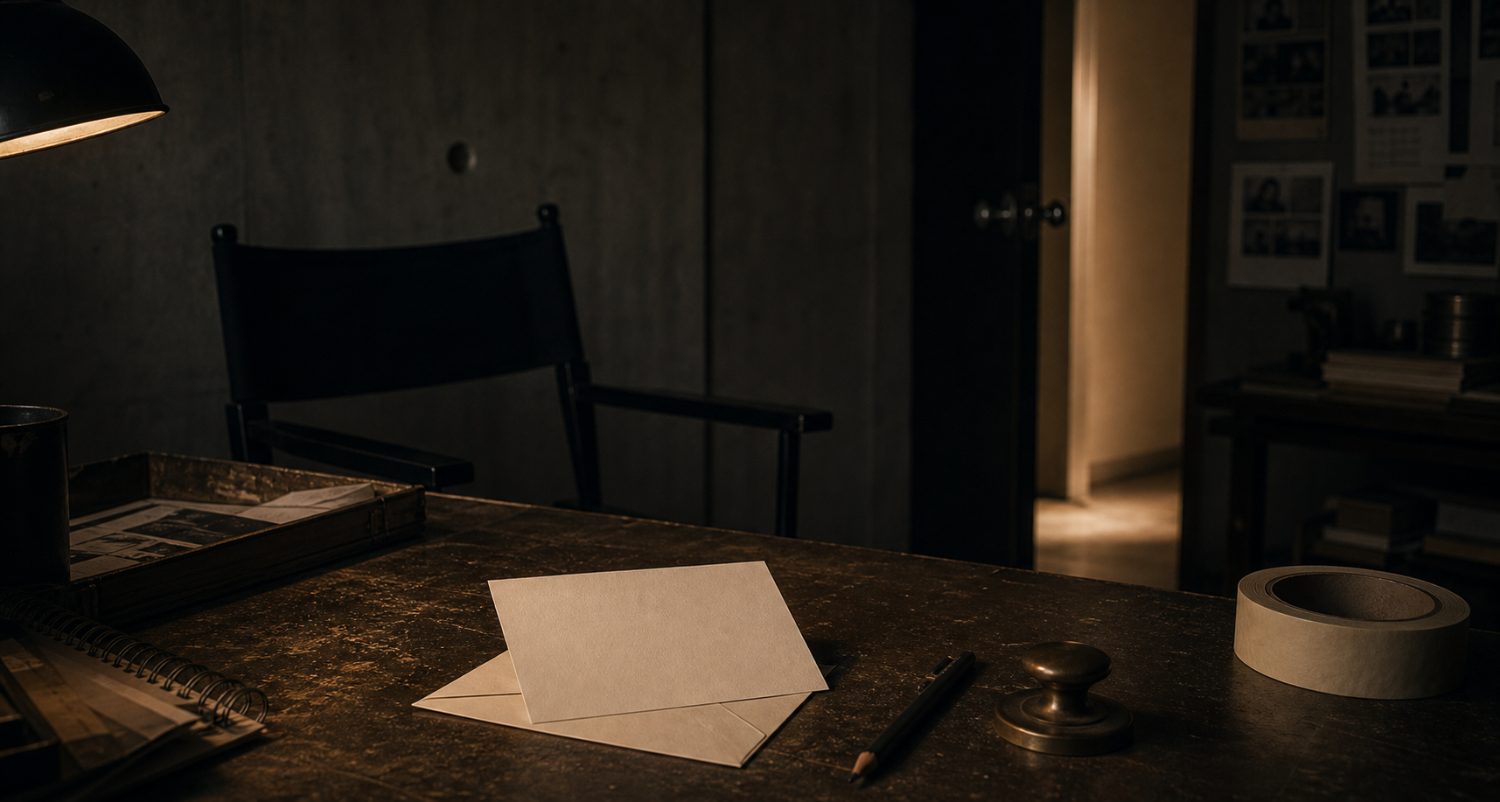 A blank card on a production office desk in warm light
